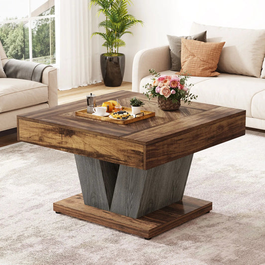 Table Basse Carré Bois Foncé Pieds en V - Maison Du Design