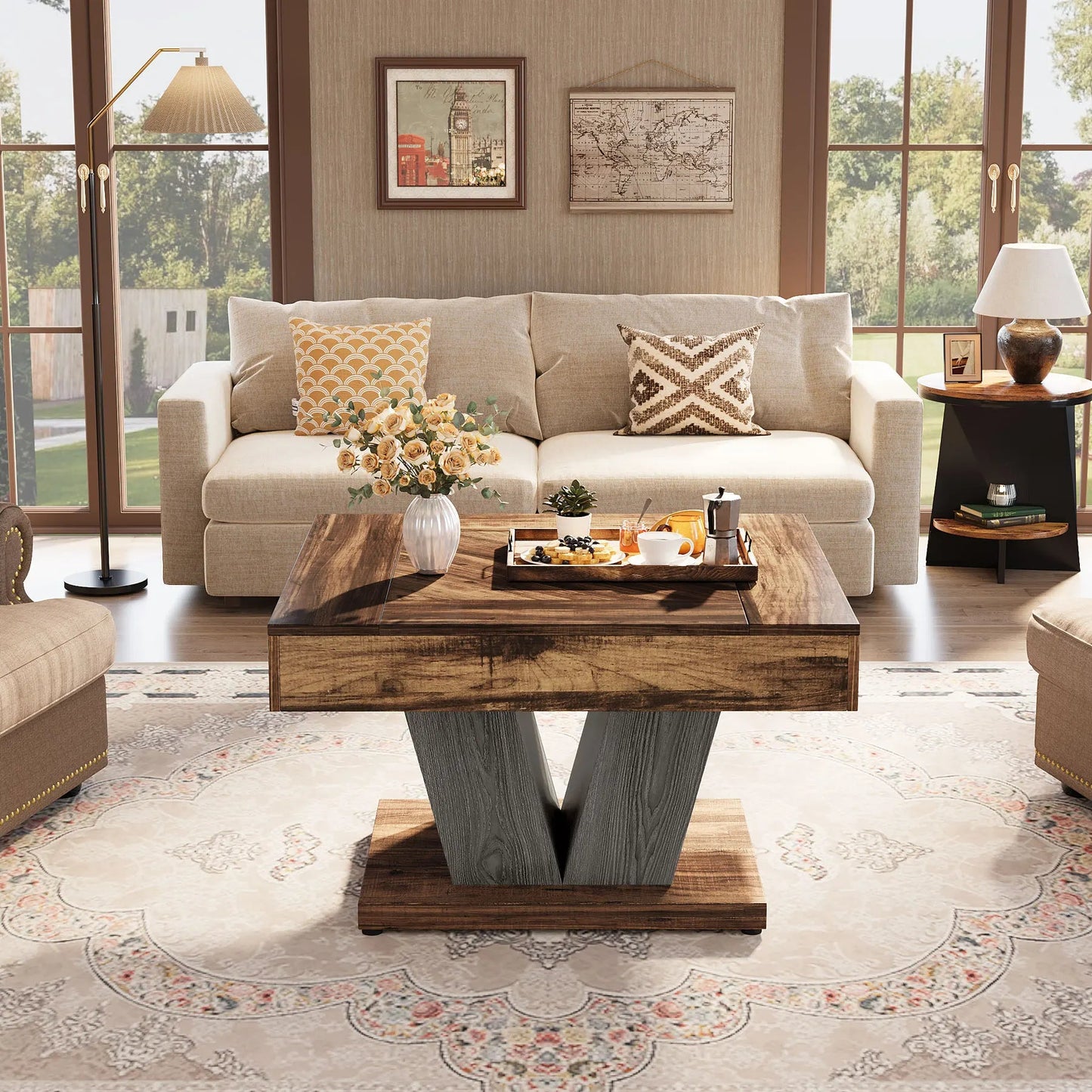 Table Basse Carré Bois Foncé Pieds en V - Maison Du Design