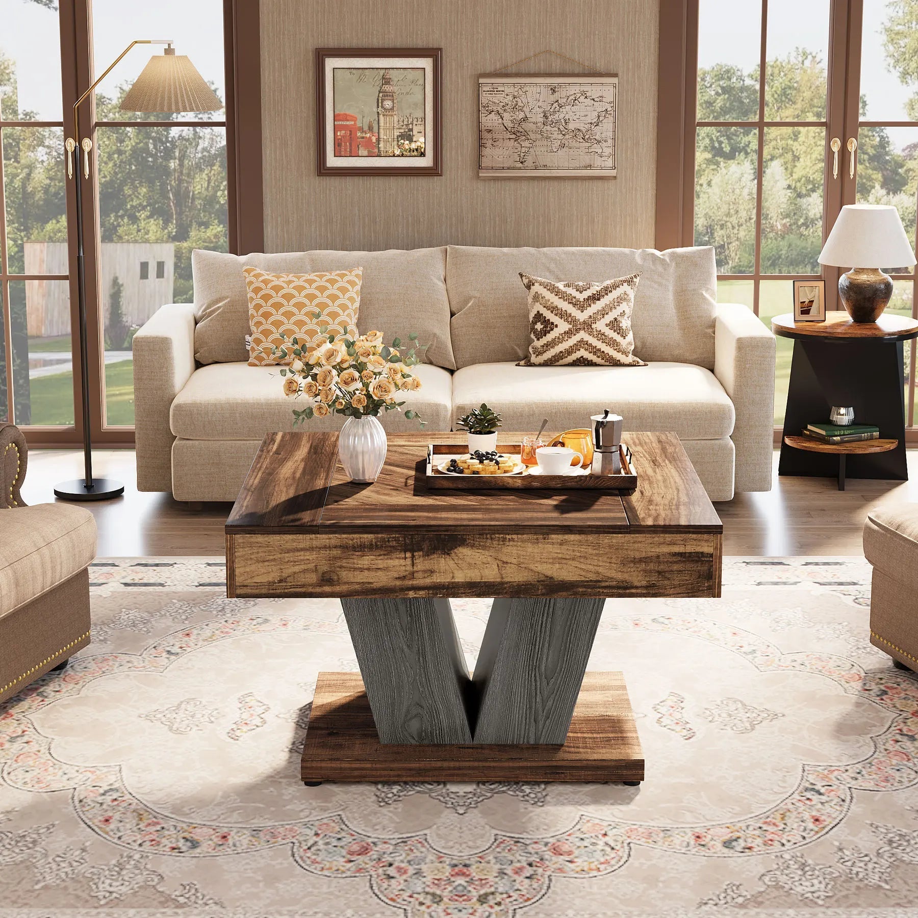 Table Basse Carré Bois Foncé Pieds en V - Maison Du Design
