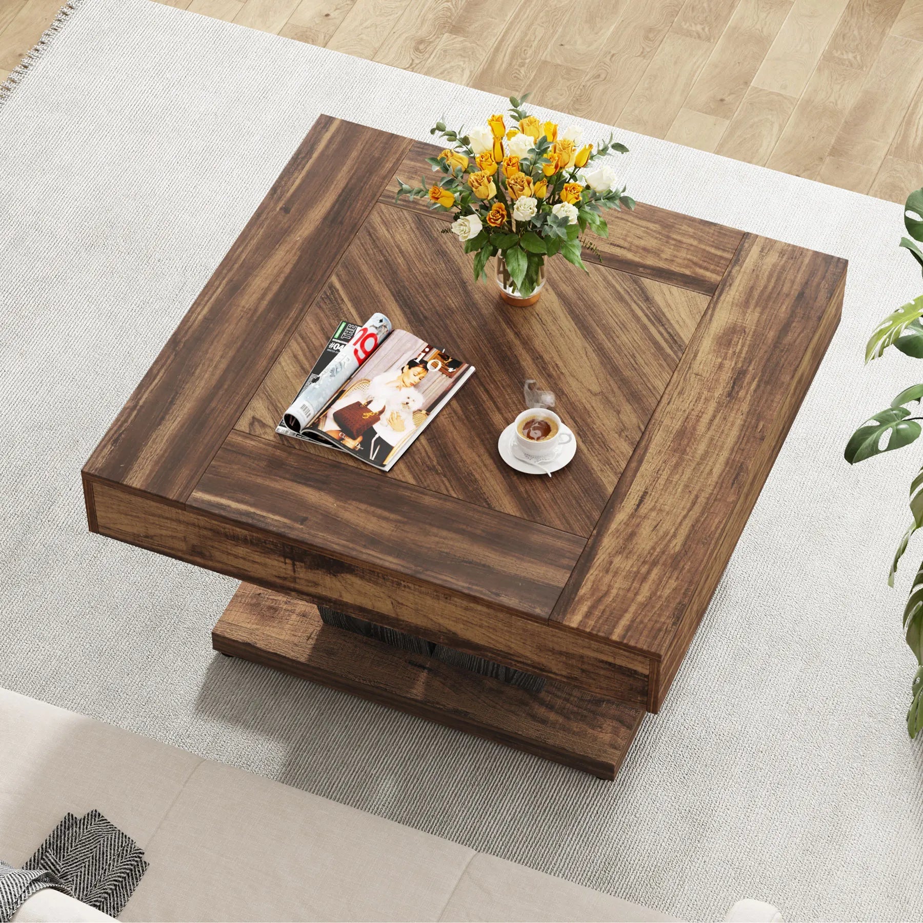 Table Basse Carré Bois Foncé Pieds en V - Maison Du Design