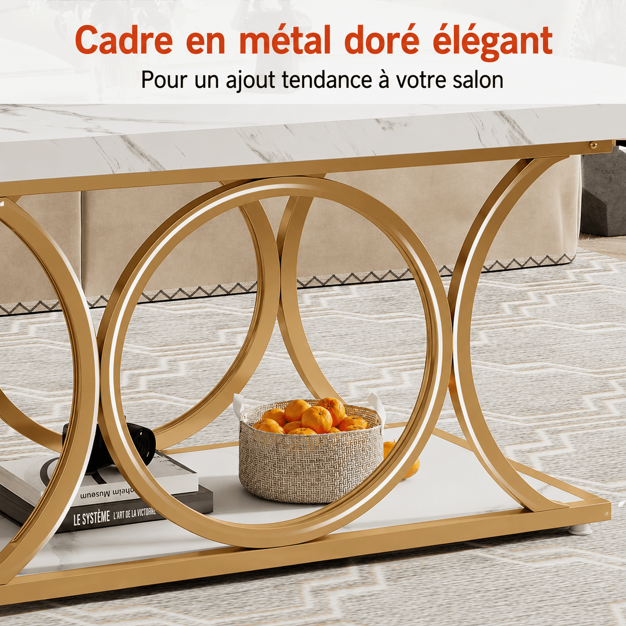 Table Basse Rectangulaire Faux Marbre Blanc Structure Dorée - Maison Du Design