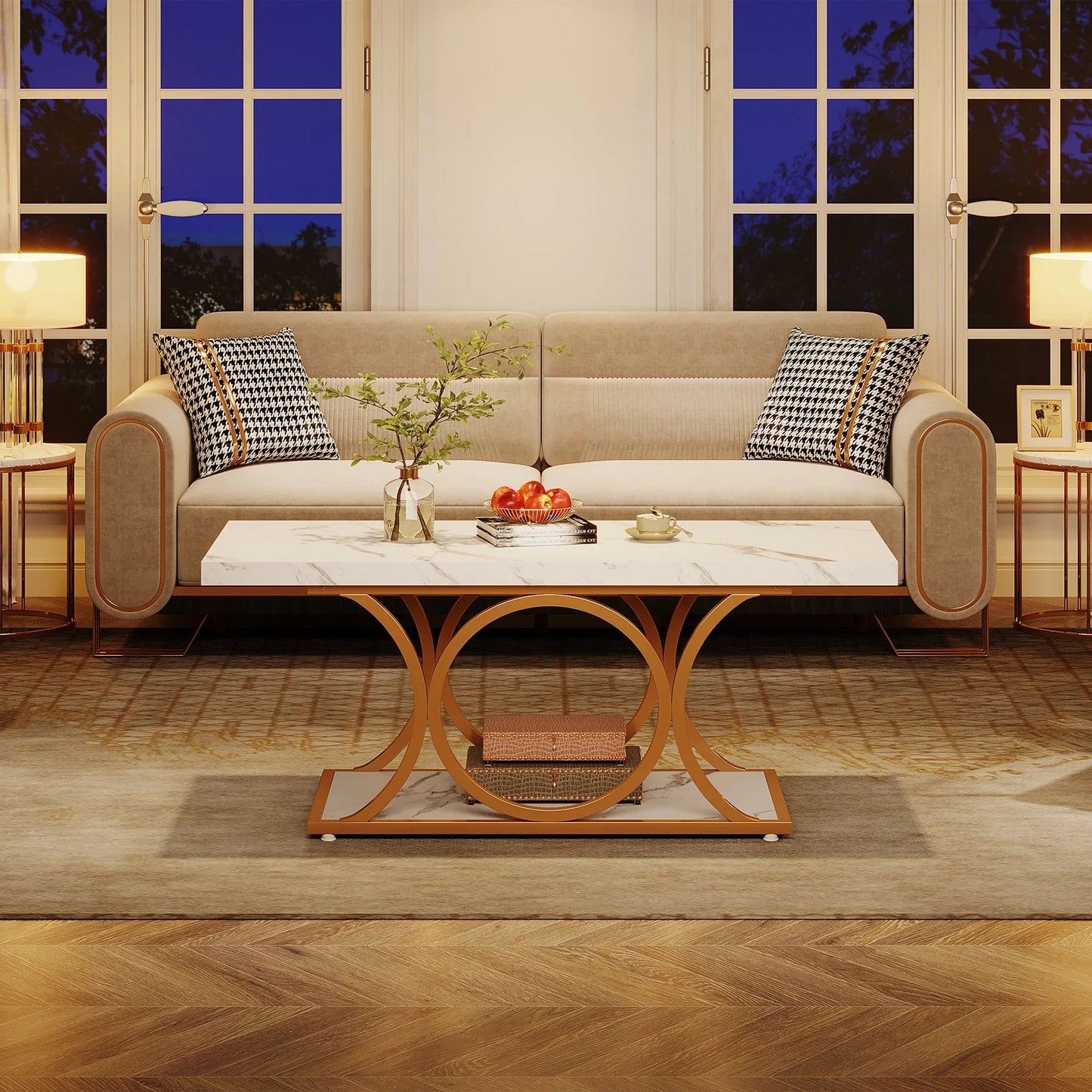 Table Basse Rectangulaire Faux Marbre Blanc Structure Dorée - Maison Du Design