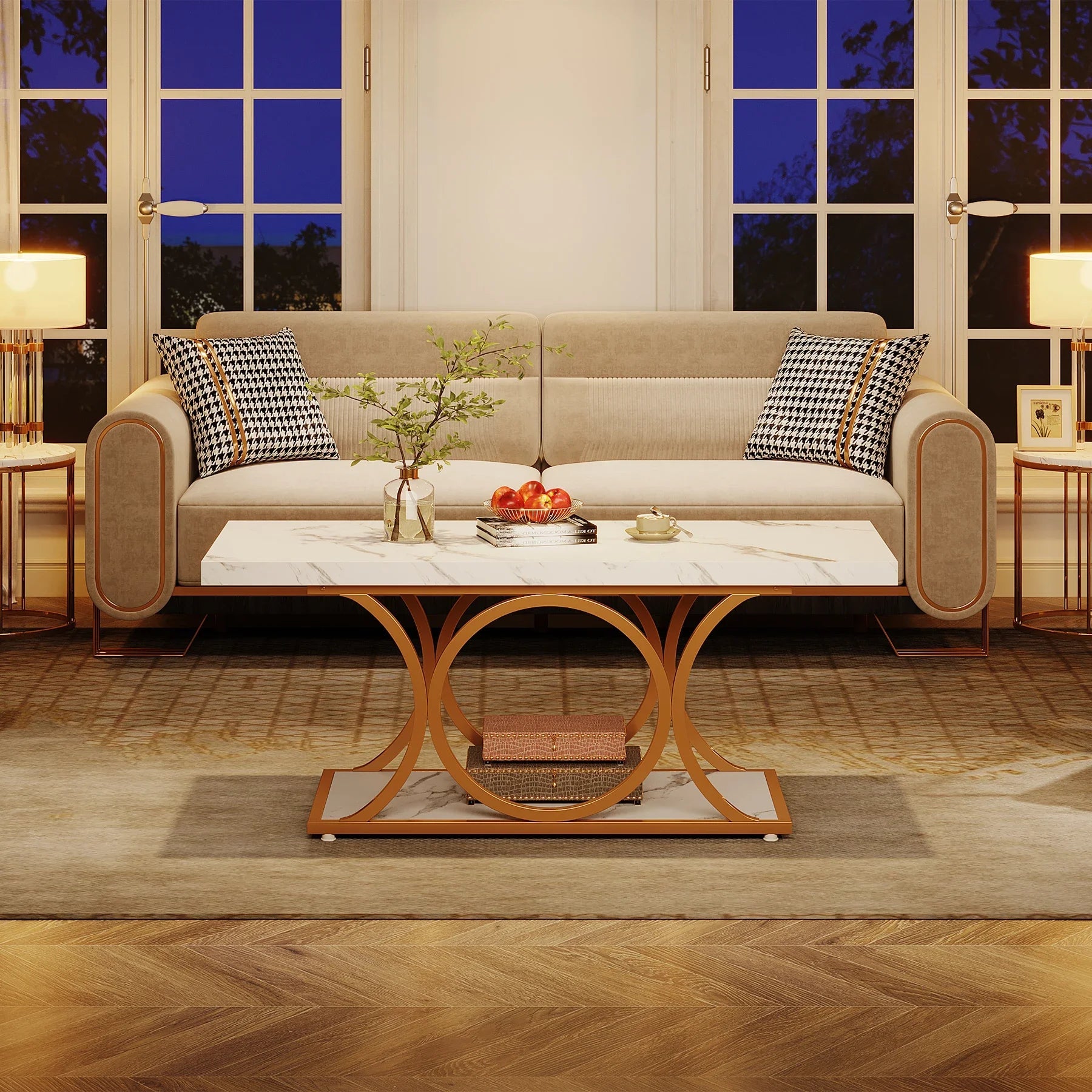 Table Basse Rectangulaire Faux Marbre Blanc Structure Dorée - Maison Du Design