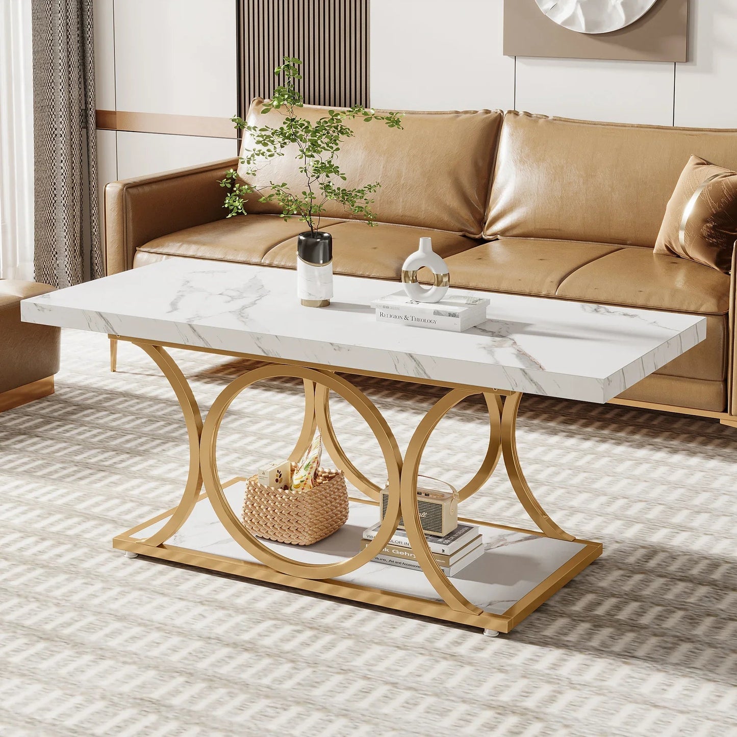 Table Basse Rectangulaire Faux Marbre Blanc Structure Dorée - Maison Du Design