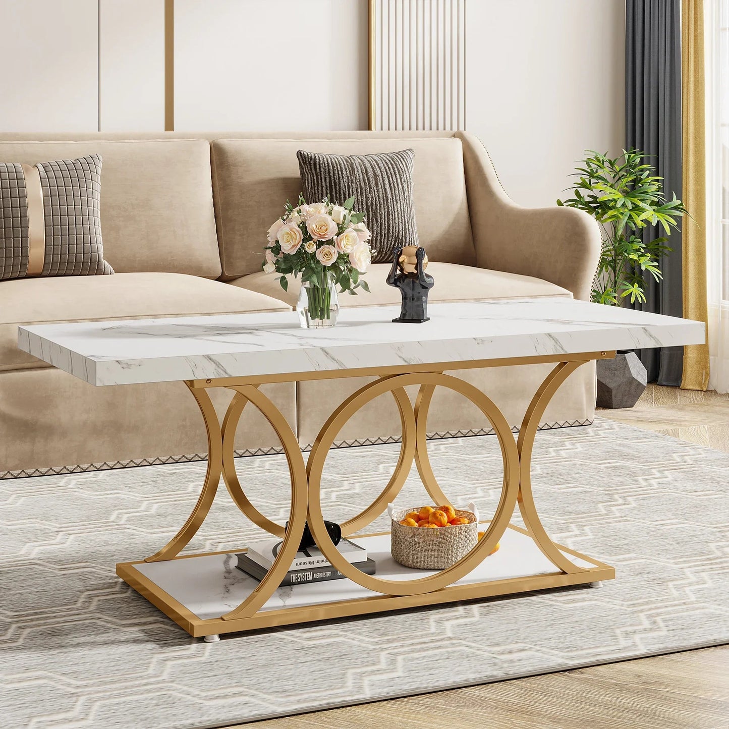Table Basse Rectangulaire Faux Marbre Blanc Structure Dorée - Maison Du Design