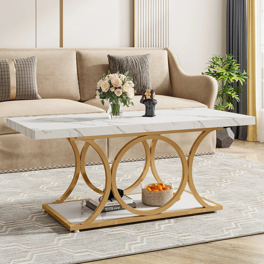 Table Basse Rectangulaire Faux Marbre Blanc Structure Dorée - Maison Du Design