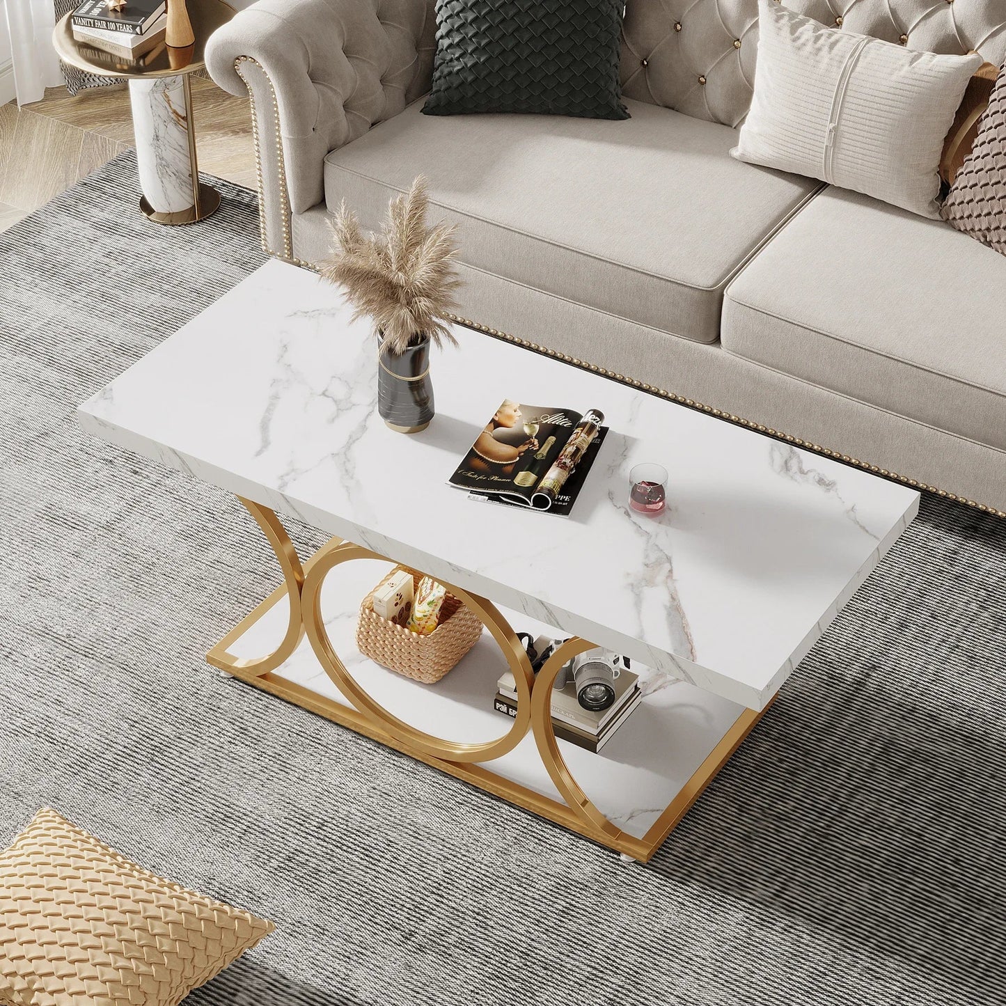 Table Basse Rectangulaire Faux Marbre Blanc Structure Dorée - Maison Du Design