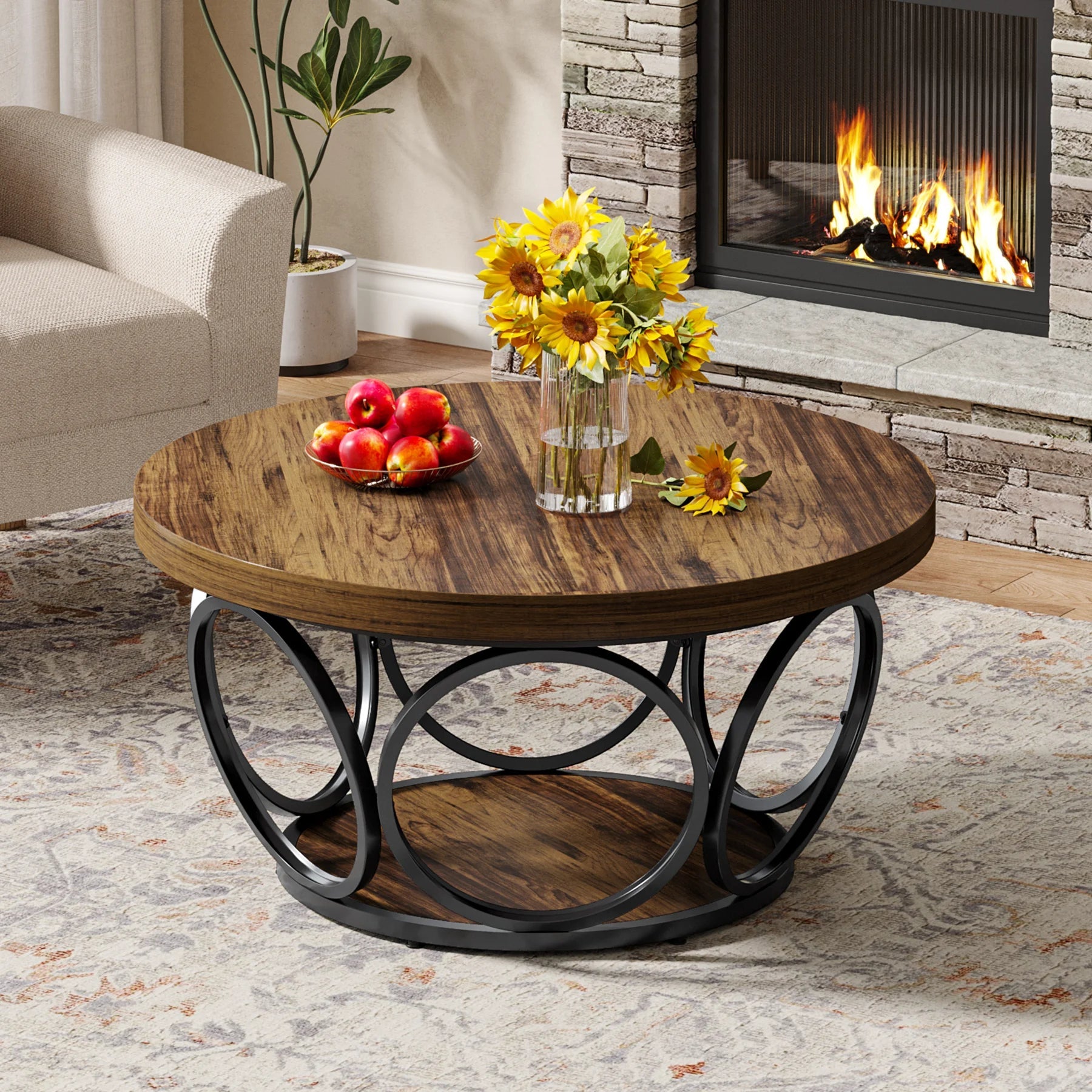 Table Basse Ronde Marron Structure Métal Anneaux - Maison Du Design
