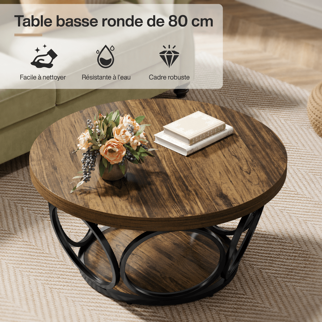 Table Basse Ronde Marron Structure Métal Anneaux - Maison Du Design