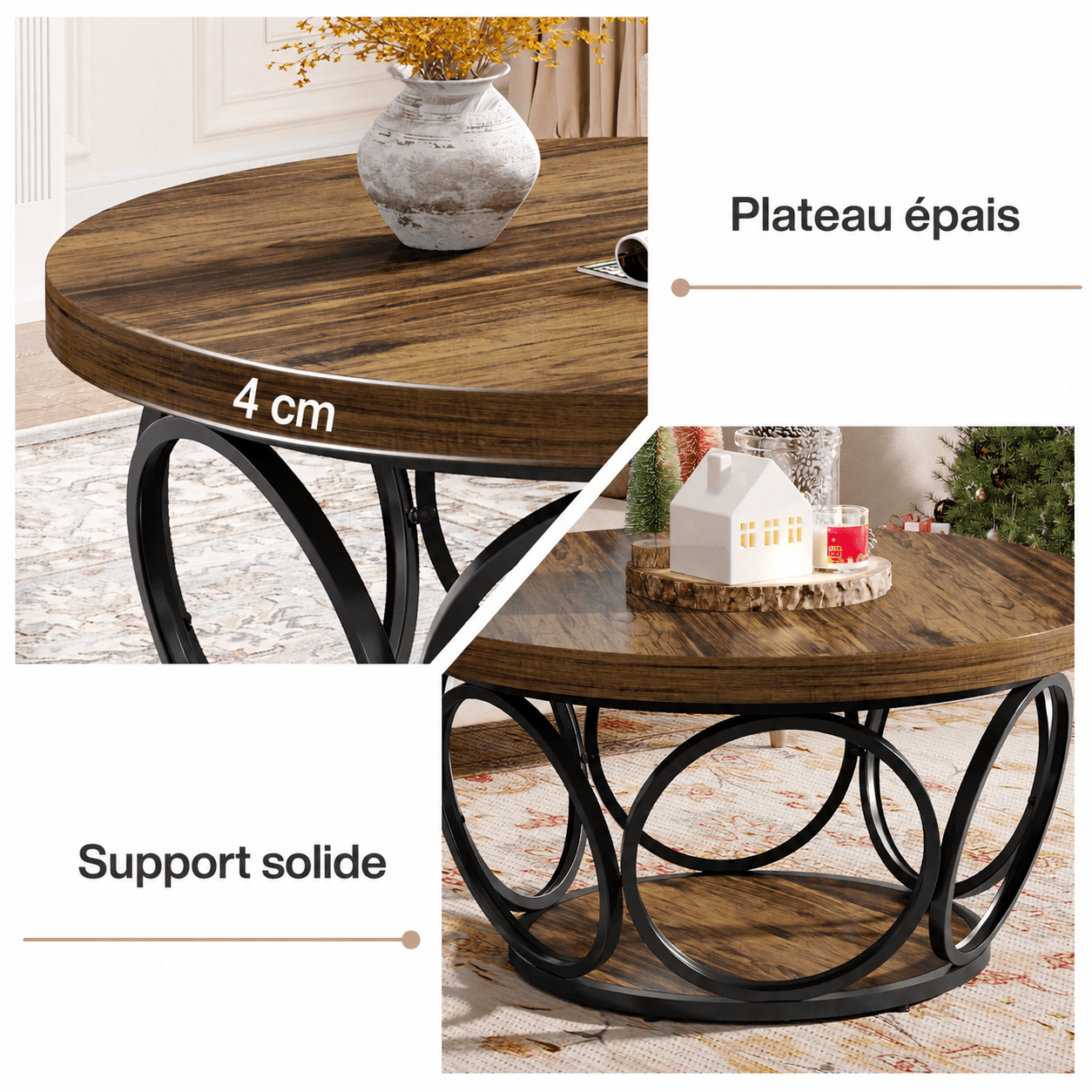 Table Basse Ronde Marron Structure Métal Anneaux - Maison Du Design