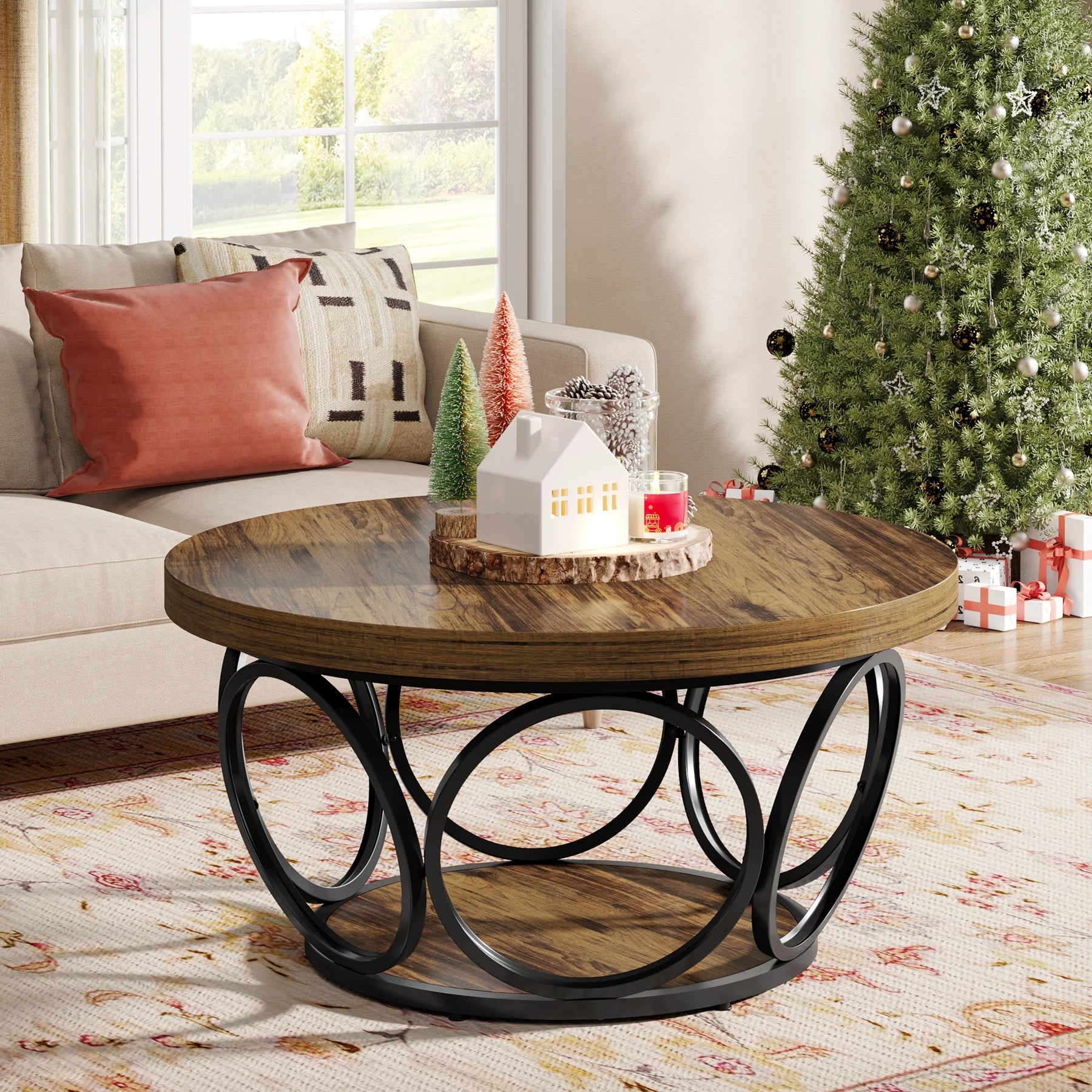 Table Basse Ronde Marron Structure Métal Anneaux - Maison Du Design