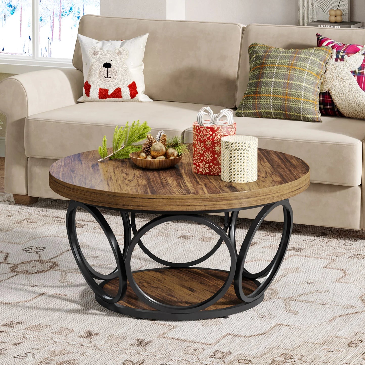 Table Basse Ronde Marron Structure Métal Anneaux - Maison Du Design