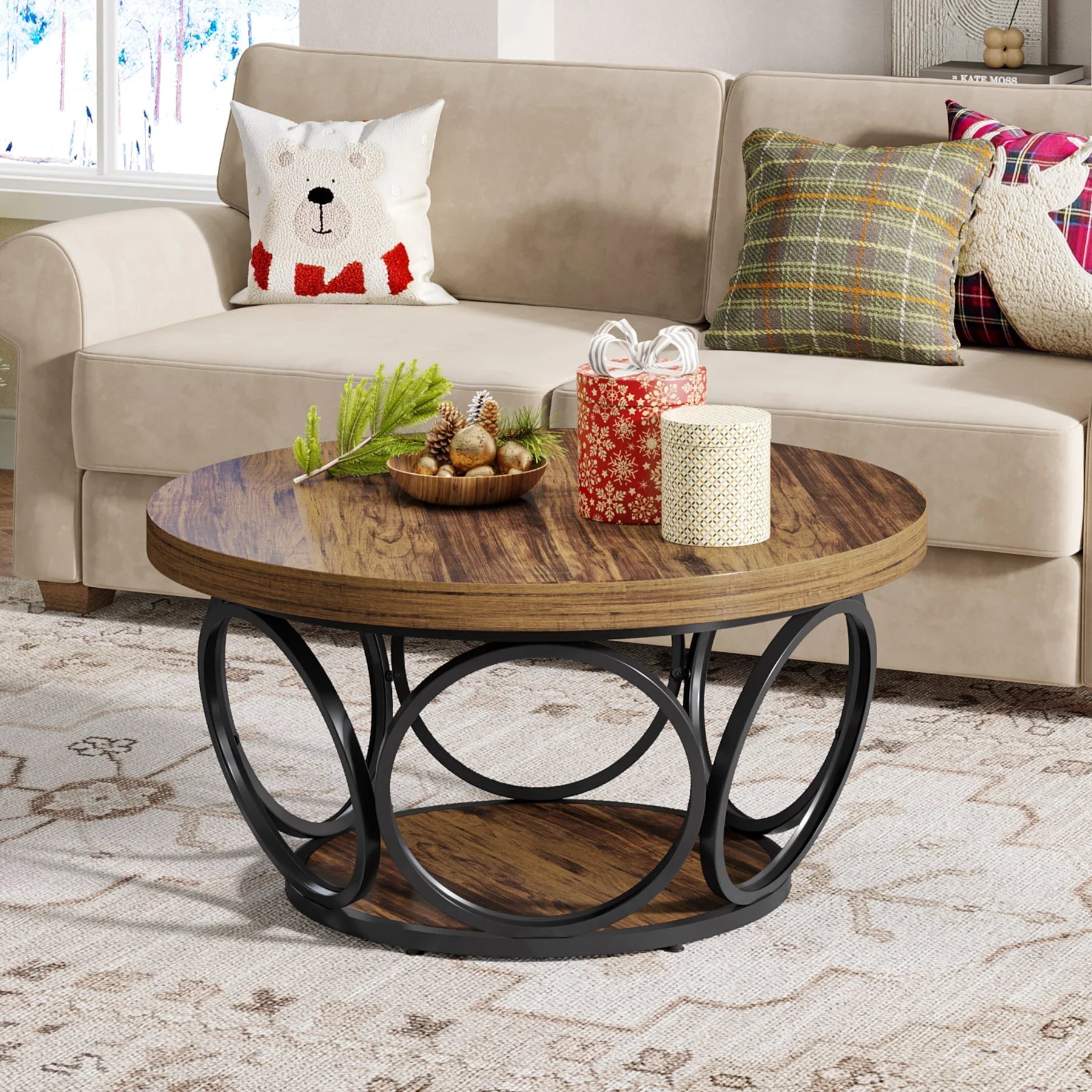 Table Basse Ronde Marron Structure Métal Anneaux - Maison Du Design