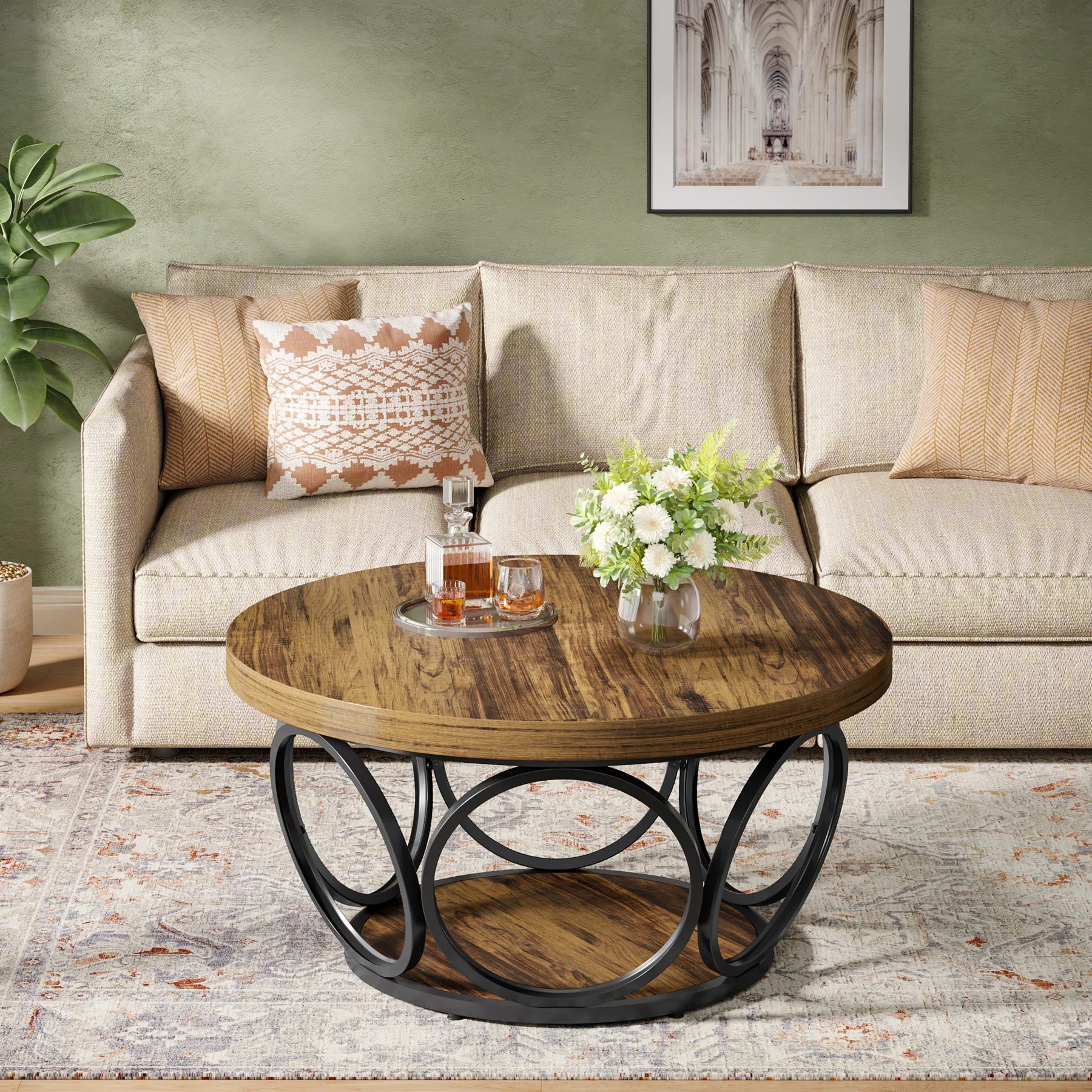 Table Basse Ronde Marron Structure Métal Anneaux - Maison Du Design