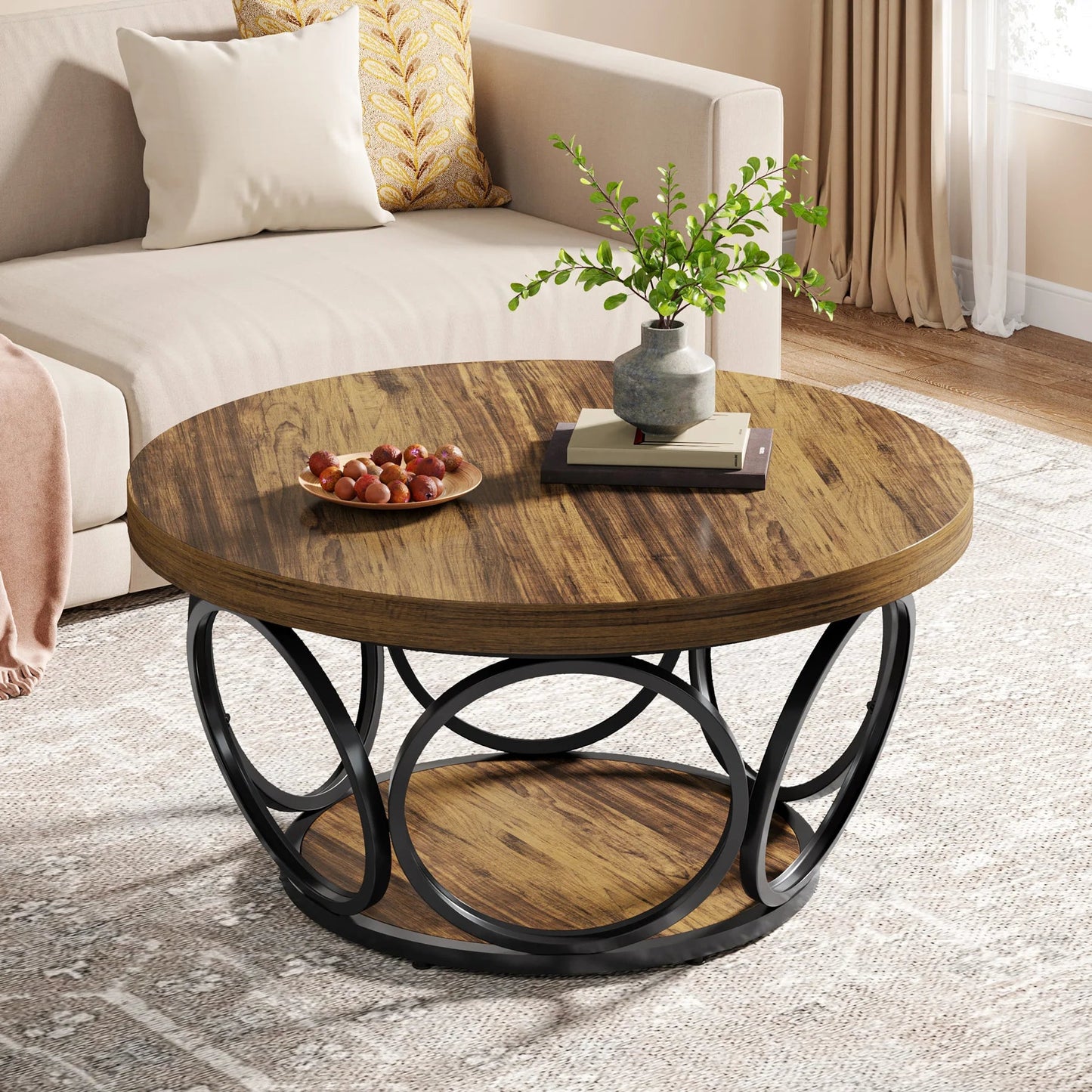 Table Basse Ronde Marron Structure Métal Anneaux - Maison Du Design