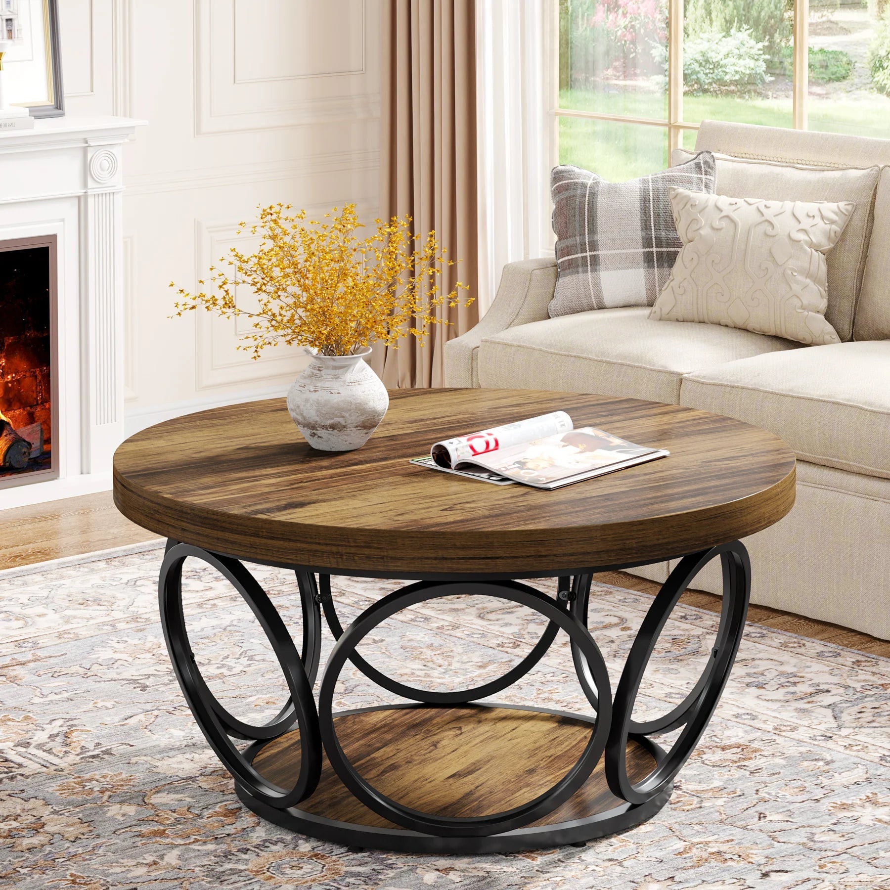 Table Basse Ronde Marron Structure Métal Anneaux - Maison Du Design