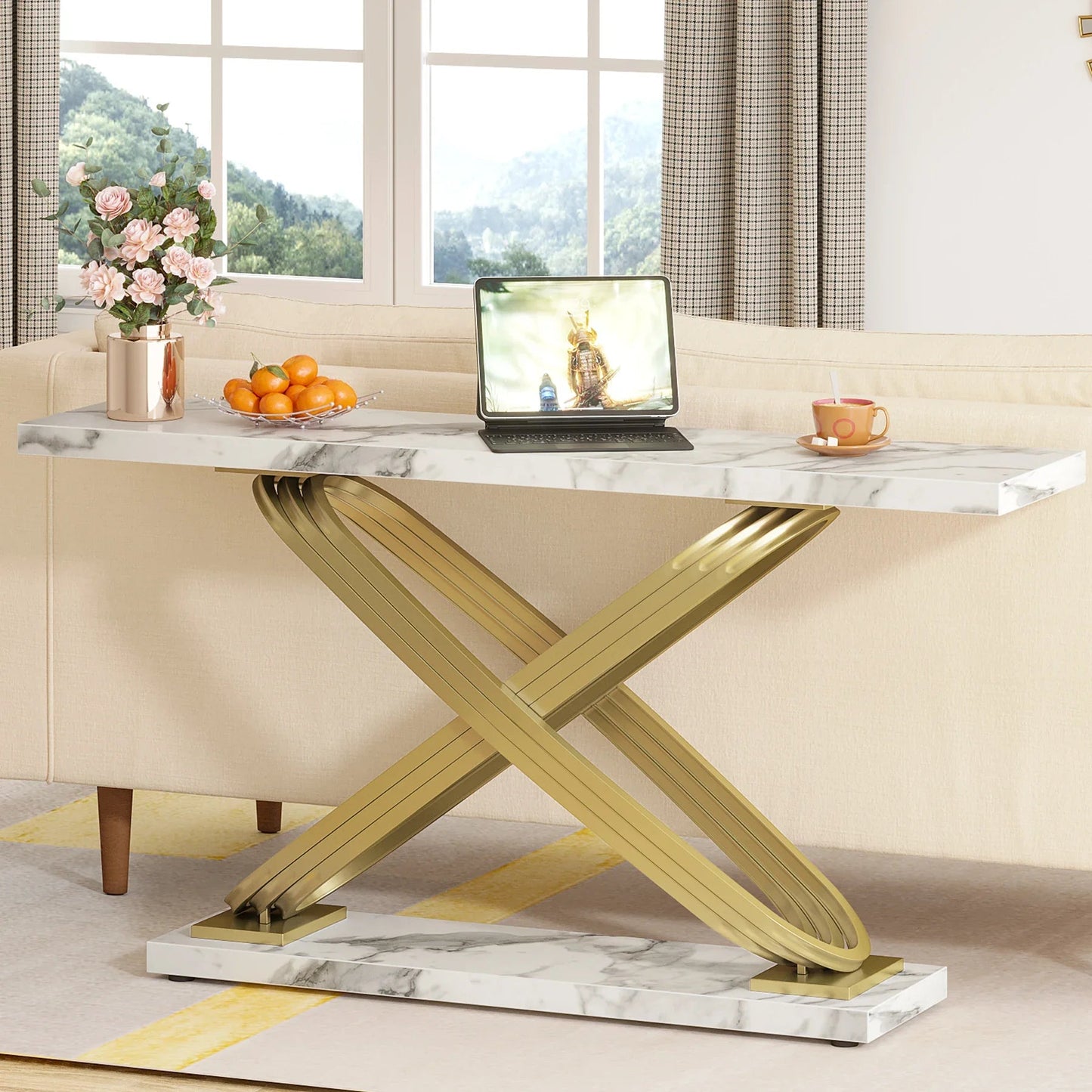 Table Console Faux Marbre Blanc & Orc - Maison Du Design