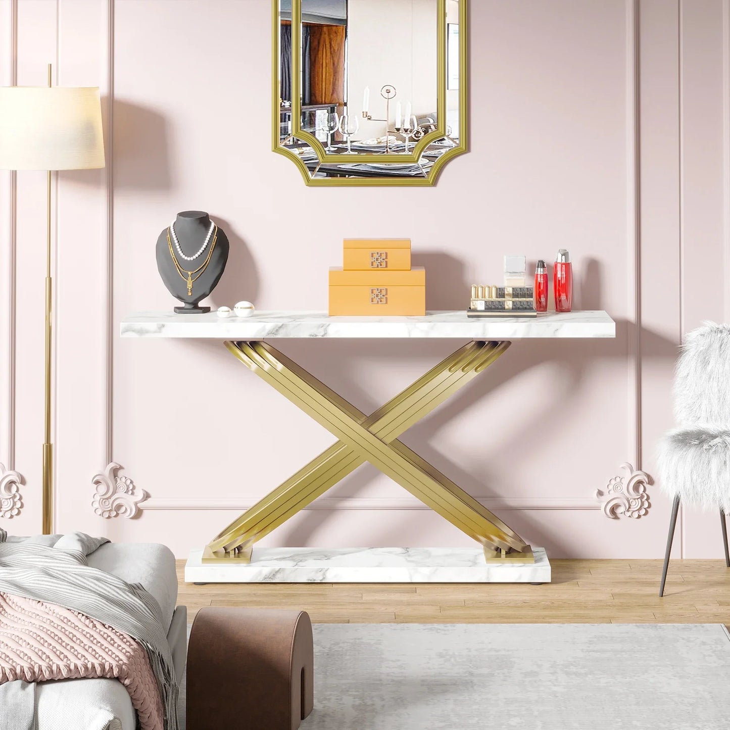 Table Console Faux Marbre Blanc & Orc - Maison Du Design