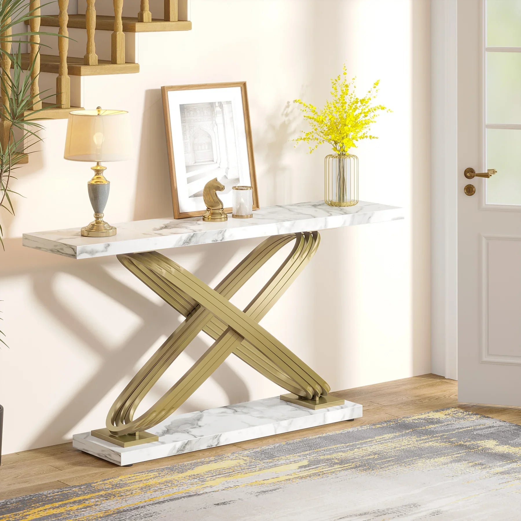 Table Console Faux Marbre Blanc & Orc - Maison Du Design