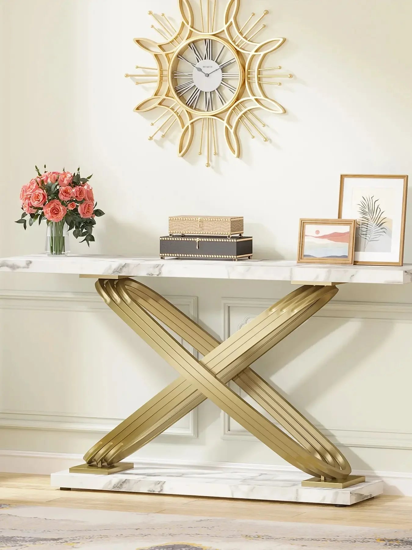 Table Console Faux Marbre Blanc & Orc - Maison Du Design