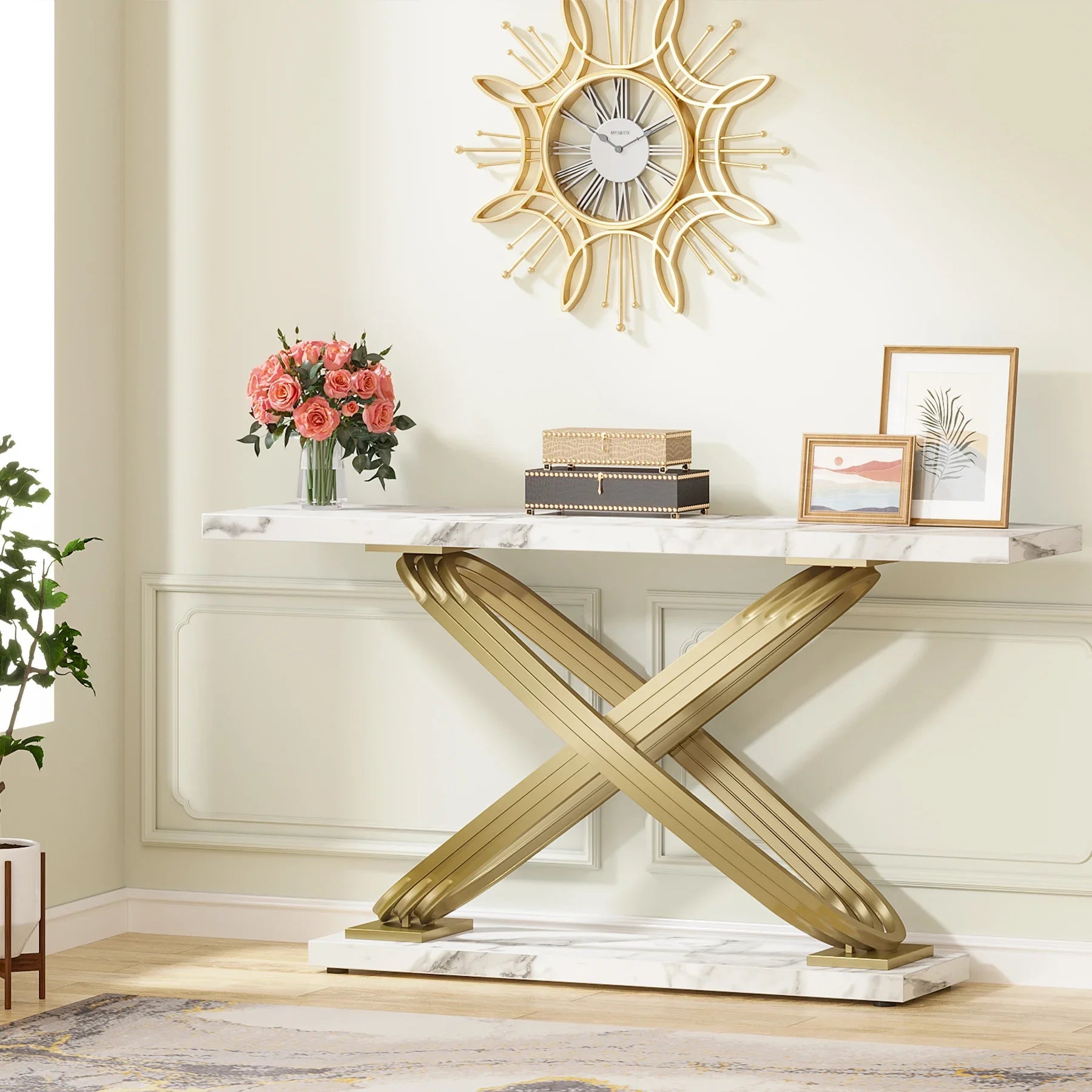 Table Console Faux Marbre Blanc & Orc - Maison Du Design