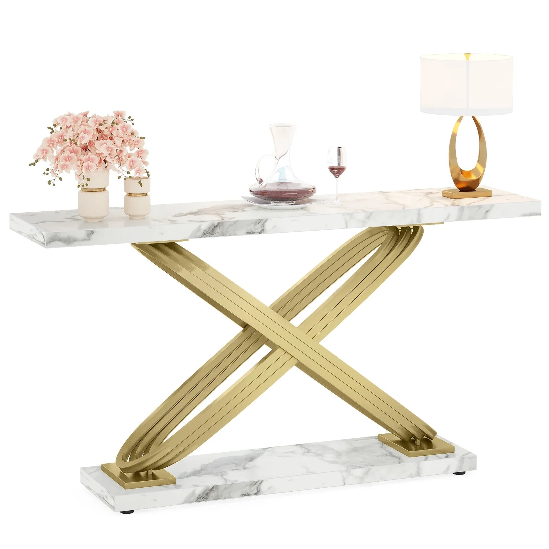 Table Console Faux Marbre Blanc & Orc - Maison Du Design