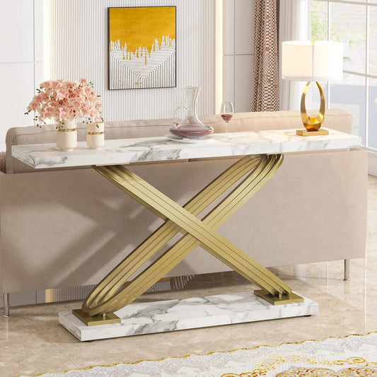 Table Console Faux Marbre Blanc & Orc - Maison Du Design