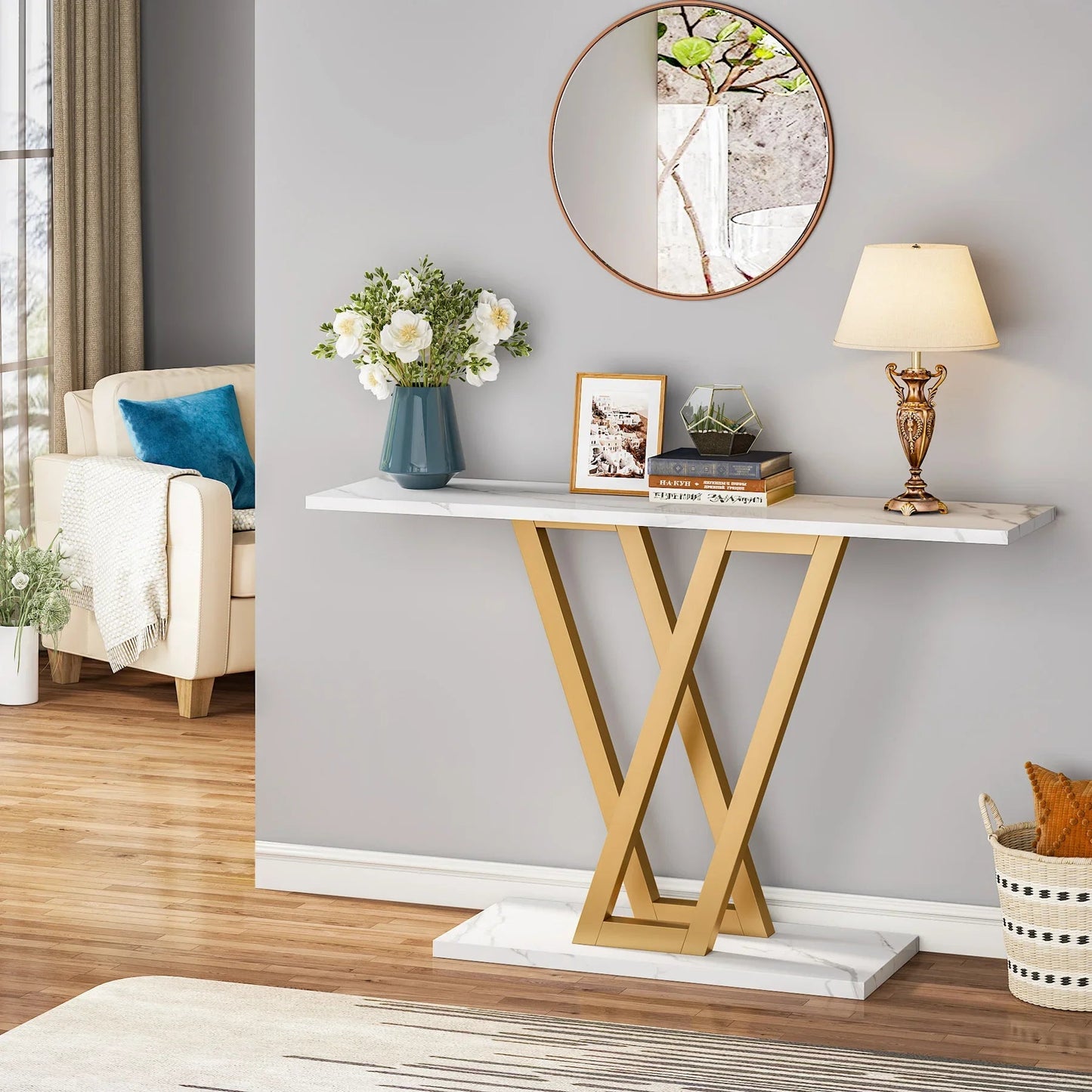 Table Console Luxe Marbre Blanc & Or - Maison Du Design